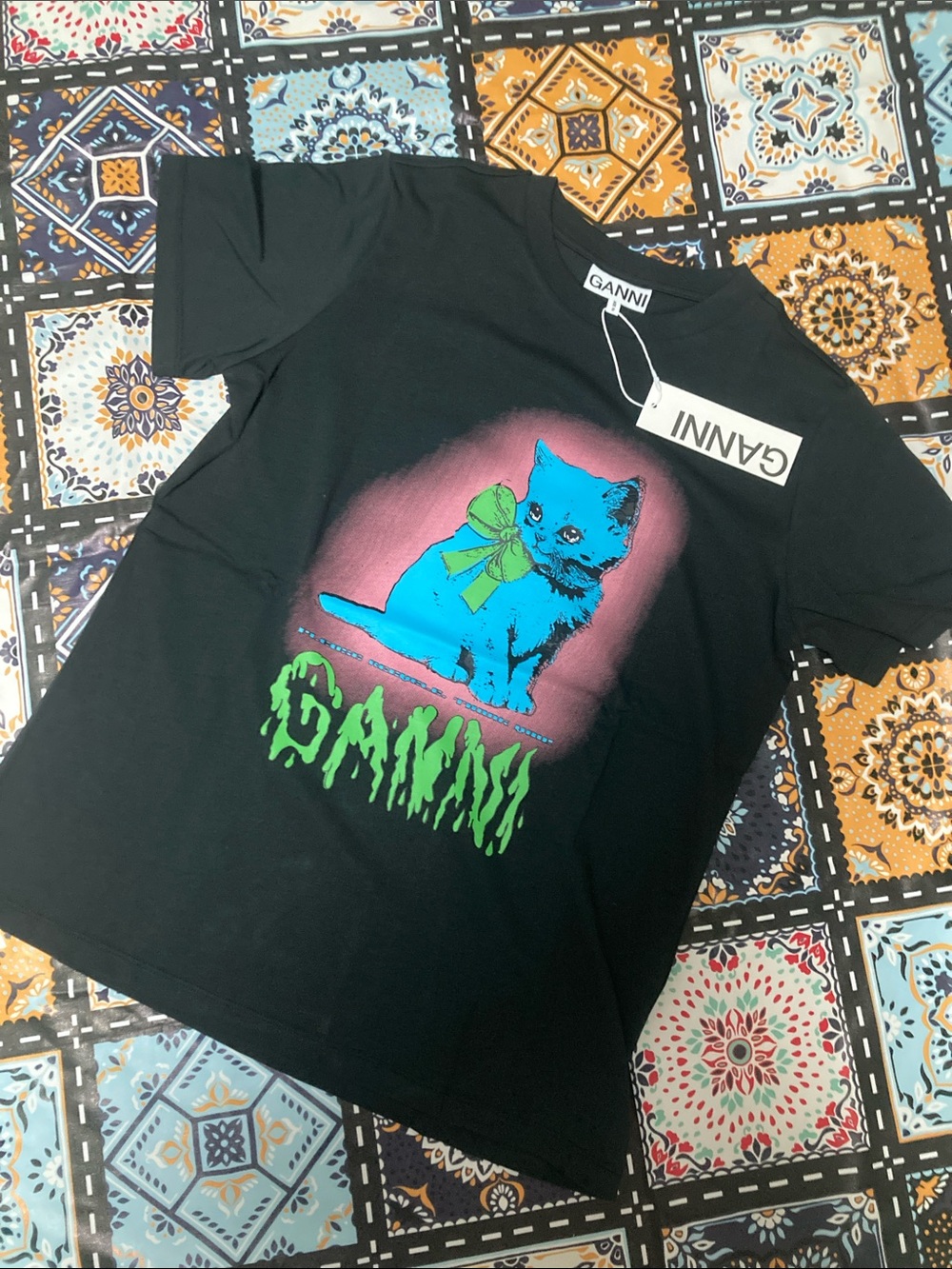 Ganni Neon Kitty cat print short sleeve T-shirt black vintage tee NWT